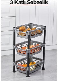 Resim 3 Katlı Plastik Sebzelik Patates Soğanlık Mutfak Düzenleyici Saklama Rafı, Sebze Meyve Organizer Gri 