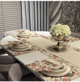 Resim Keten 6 Lı Asil Desen 6 Amerikan Servis & 1 Runner 6 Peçete Çok Renkli 