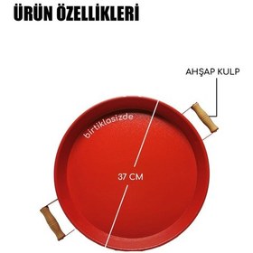 Resim Kitchen Trend Galvaniz Yuvarlak 37 Cm Ahşap Kulplu Kırmızı Tepsi 