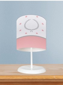 Resim Mekta Home Bebek Ve Çocuk Odası Çelenk Ve Yıldız Desenli Pembe Gri Çerçeveli Abajur 