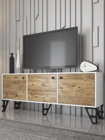 Resim Woodn Love Bello 160 Cm Metal Ayaklı Tv Ünitesi - Konsol - Beyaz - Atlantik Çam / Siyah 