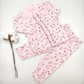 Resim Bebek Star Çiçek Desenli Pembe Kız Bebek Pijama Takımı %100 Cotton 