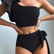Resim Düz Katmanlı Büzgülü Asimetrik 2 Parça Set Tankini, Tek Omuz Düğüm Yan Yüksek Esnek Mayo, Kadın Mayo ve Giyim 