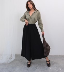 Resim Beli Lastikli Geniş Kesim Kloş Double Krep Pantolon Etek 5187 - Siyah - Siyah / S-M 