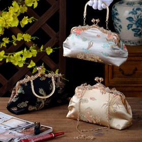 Resim Boncuklu Güzellik] Kadınlar için Şık Akşam Çantası, Ayarlanabilir Askılı Kumaş Çanta, Toka Kapatma, Polyester Astarlı, Boncuk Süslemeli, Vintage Tarzı Yemek Çantası 