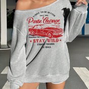 Resim Kadınlar İçin Bohem Stil Grafikli Sweatshirt - Tek Omuz Uzun Kesim Üst, Günlük ve Resmi Kıyafetler için Yumuşak Kazak, Makinede Yıkanabilir Kadın Süveteri, Şık Yazılı Desenli, Orta Esneklikte Çok Amaçlı Giysi 