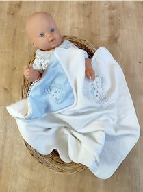 Resim %100 Pamuklu & Fil Nakışlı Erkek Bebek Battaniyesi - Mevsimlik Puset & Bebek Arabası Örtüsü Mavi 