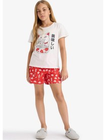 Resim Defacto %100 Pamuklu Anime Baskılı Beli Lastikli Pijama Takımı Kız Çocuk G0922A825HS 