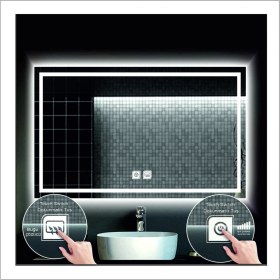 Resim Dnr-Mirror75x105 Cm Beyaz Ledli Tasarım Kumlamalı Dokunmatik Tuşlu Buğu Önleyicili Banyo Aynası Makyaj Aynası 