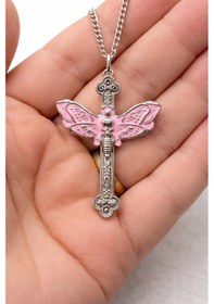 Resim Pembe Kelebek Detaylı Gotik Haç Kolye Gümüş Renk Zincir Unisex Çok renkli 