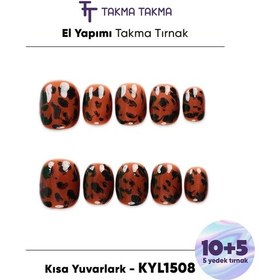 Resim 15'li Kahverengi Kısa Yuvarlak Kyl1508 Tekrar Kullanılabilir El Yapımı Protez Takma Tırnak Xs 