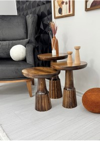 Resim AYLESA Doğal Ahşap 3’lü Set Mantar Yan Sehpa Modern Ceviz Renk Fiskos Zigon Çiçeklik 