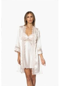 Resim Pierre Cardin 6'lı Saten Gecelik Sabahlık Çeyiz Seti 6010 Ekru 001 