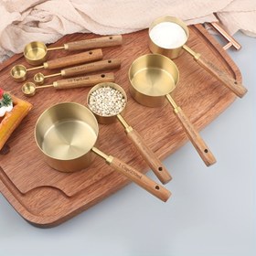 Resim 8 adet Ölçü Kabı ve Kaşık, Paslanmaz Çelik Ölçü Kabı ve Ölçü Kaşığı Seti, Kuru Malzemeler ve Sıvı Malzemeler için Akasya Ahşap Saplı Paslanmaz Çelik Ölçü Kabı, Pişirme Araçları DIY, Baharat Kaşığı Alıp Toz Kaşığı Kahve Kaşığı 