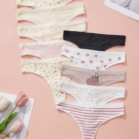 Resim 10 adet Kadın'Aşık Thong & İç Çamaşırı Seti - Yumuşak Elastik Mikro Mini Külotlu Bow Detaylı, Çilek & Çiçek Baskıları, Bej, Siyah, Beyaz, Pembe & Kahverengi Renklerde Ribbed Mix-And-Match Tasarımı, Rahat Günlük Ev İç Çamaşırı, Thong Seti 
