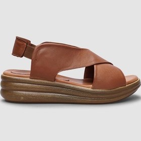 Resim %100 Hakiki Deri Taba Arkadan Lastikli Kadın Çapraz Sandalet-taba Taba 