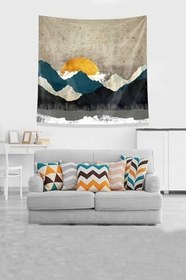 Resim Pelangi Sarı Dağın Ardındaki Güneş Leke Tutmaz Kadife Kumaş Duvar Örtüsü Duvar Halısı Tapestry KWLL332, 70 x 70 