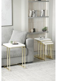 Resim Faymend Tekerlekli 4 Lü Zigon Sehpa - Yan Sehpa Gold - Beyaz Mdf Gold Beyaz 