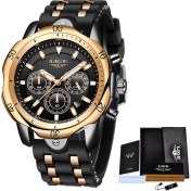 Resim Hanyang Gül Altın Siyah Relogio Masculino Yeni Moda Izle Erkekler Lıge Üst Marka Spor Saatler Erkek Su Geçirmez Kuvars Saat Adam Rahat Askeri Kol Saati (Yurt Dışından) 