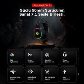 Resim Rampage ROGUE Siyah USB RGB Ledli Gaming Esnek Mikrofonlu Oyuncu Kulaklık 