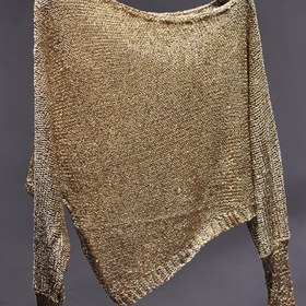 Resim Kadınların şık omuzlar açık uzun kollu kazak - Altın parıltılı polyester, rahat asimetrik boyun hattı, ilkbahar/yaz için mükemmel, rahat giyim|Asimetrik boyun hattı|Parıltılı dokulu 