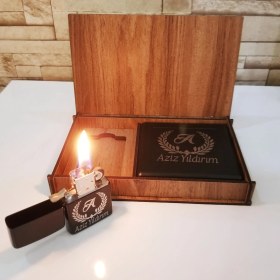 Resim Kişiye Özel Ahşap Kutulu Metal Çakmak & Sigara Tabakası 