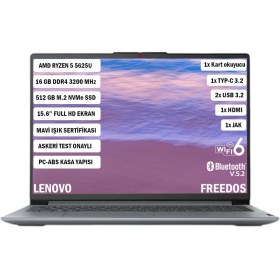 Resim Lenovo Ideapad Slim 3 AMD Ryzen 5 5625U 16GB 512GB SSD Freedos 15.6" FHD Taşınabilir Bilgisayar 82XM00PWTX 