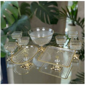 Resim ÇNR Home Collection PAŞABAHÇE GOLD DETAYLI METAL AYAKLI SENUM & SERVİS SETİ PASTA, MAGNOLİA, KURABİYELİK 