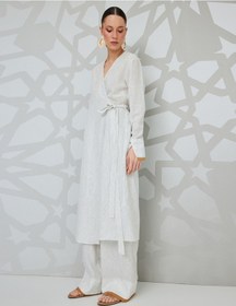 Resim Koton Uzun Kollu Pamuklu Keten Kruvaze Uzun Kimono Siyah Çizgili 5sak50050uw Siyah Çizgili 