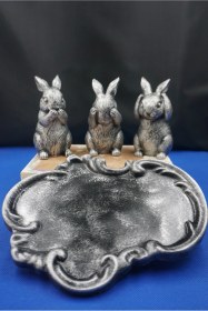 Resim Görmedim - Duymadım - Bilmiyorum Leonardo Düşünceleri Üç Bilge Tavşan Ve Tabaklı Tam Set Gümüş 