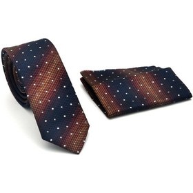 Resim Gaffy Kahverengi Verev Desenli Lacivert Dokuma Kumaş Mendilli Slim Fit Kravat // Sdk-2505-2 Lacivert 
