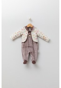 Resim Babyhola Kadife Patikli Kız Bebek Tulum 0-12 Ay Retro Ceketli Görünümlü Hediyelik Nostaljik Bayramlık 13433 Kahverengi 