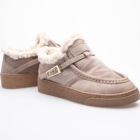 Resim Kadın Süet Loafer Ayakkabı Kürklü Tokalı Vizon Selva Vizon 