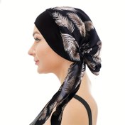 Resim Boho Şık Tüy Baskılı Türban Şapka - Kuyruklu Esnek Geniş Bantlı Başörtüsü, Kadınlar için Nefes Alabilen Polyester Kemoterapi Kapağı, Siyah ile Kahverengi & Gri Tüy Tasarımı 