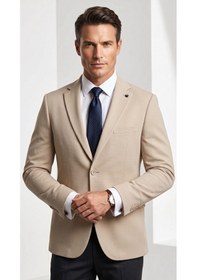 Resim Plus Scorpion Erkek Slim Fit Çift Düğme Çift Yırtmaçlı Blazer Ceket Premium Dokulu Kumaş Bej 