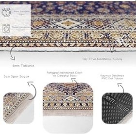 Resim RealHomes Lacivert Zeminde Uşak Motifli Kilim Desenli Avangarde Vintage Yatak Odası Kaymaz Taban Saçaklı Halı HaliDik-Deluxe-11486, 80 x 200 
