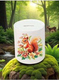 Resim Sincap ve Çiçek Deseni Baskılı 3'lü Seramik Kumbara 