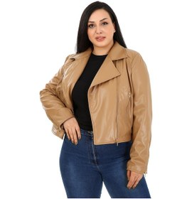 Resim Disentis Büyük Beden Kruvaze Fermuar Detaylı Cepli Astarlı Kısa Deri Mont Bej 