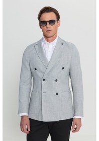 Resim AC&Co / Altınyıldız Classics Erkek Grı-sıyah Slim Fit Dar Kesim Kırlangıç Yaka Armürlü Torba Cepli Kruvaze Blazer Ceket Grı-sıyah 
