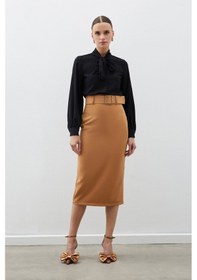 Resim Sateen Kemerli Kalem Etek - Camel-132464 Camel 