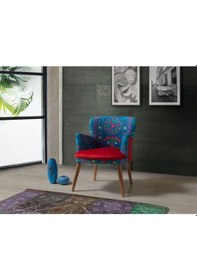 Resim Azra Mobilya Berjer Kumaş Ahşap Ayaklı Etnik Desen Kırmızı 