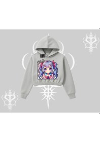 Resim Kapşonlu Crop Sweatshirt Hello Anime Kız Sevimli Karakter Baskılı Gri 