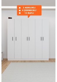 Resim Ae-2115 Kale Beyaz Gardırop 6 Kapaklı, 4 Çekmeceli, 3 Askılıklı, 