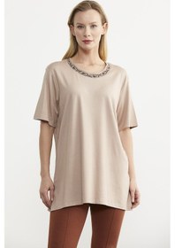 Resim Büyük Beden Penye Tişört - Bej Çok Renkli 