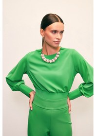 Resim Sateen Kolye Detaylı Crop Bluz - Yeşil 