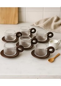 Resim Morponi Borosilikat Cam Akasya Saplı Optik Çizgili Türk Kahvesi Fincanı 90 Cc Şeffaf 