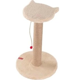 Resim Pugalo Stepli Kedi Yüzlü Platform Tırmalama Tahtası, Gri Peluş Kaplı, Sisal İpli, Oyuncaklı Krem 