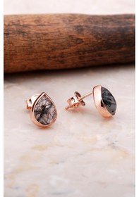 Resim Doğal Rutil Kuvars Taşlı Damla Mini Rose Gümüş Küpe 5827 