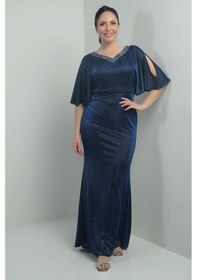 Resim Kadın Ön Arka Taşlı V Yaka Astarlı Dekolteli Yarasa Kollu Uzun Simli Büyük Beden Elbise-40360 Saks 