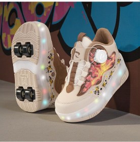 Resim Çocuk Işıklı Çıkarılabilir 4 Tekerlekli Patenli Spor Ayakkabısı Kaymaz Taban Yerli Üretim Bej - Beyaz 